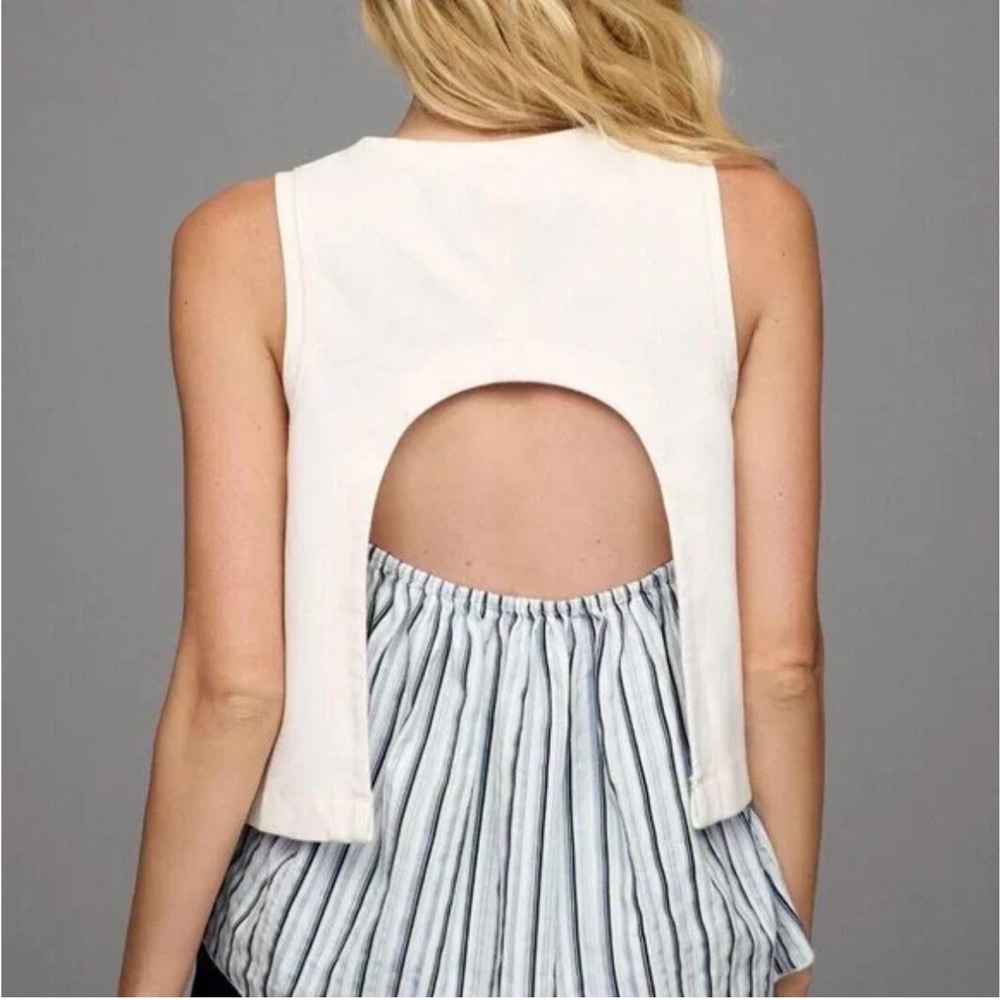 Anthropologie Open Back Peplum Top Striped Sleeveless Cotton Ivory Blue Medium